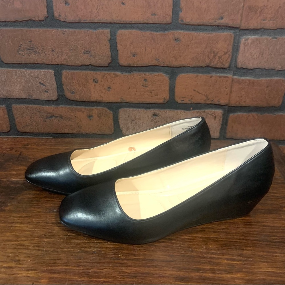 Adrienne Vittadini Palmer Black Faux Leather Comfort Wedge Pumps Shoes SZ 7.5 M